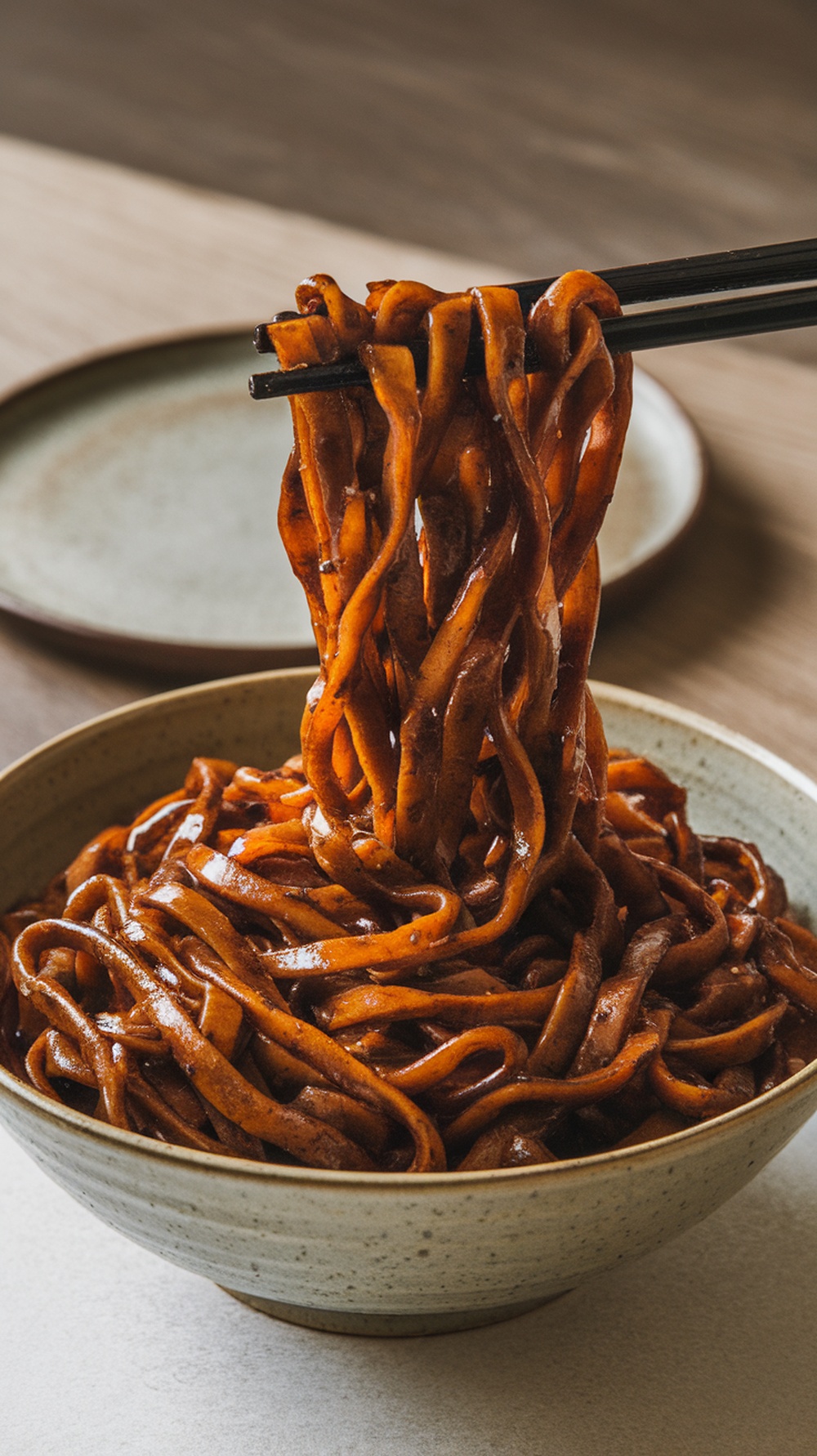 A bowl of instant jjajangmyeon black bean noodles with chopsticks