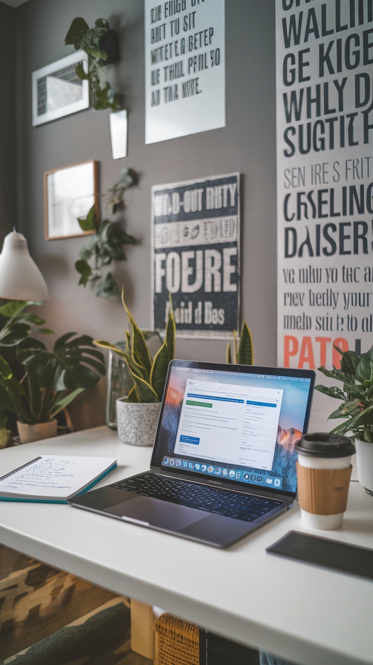 A workspace with a laptop, notebook, plants, and a coffee cup.