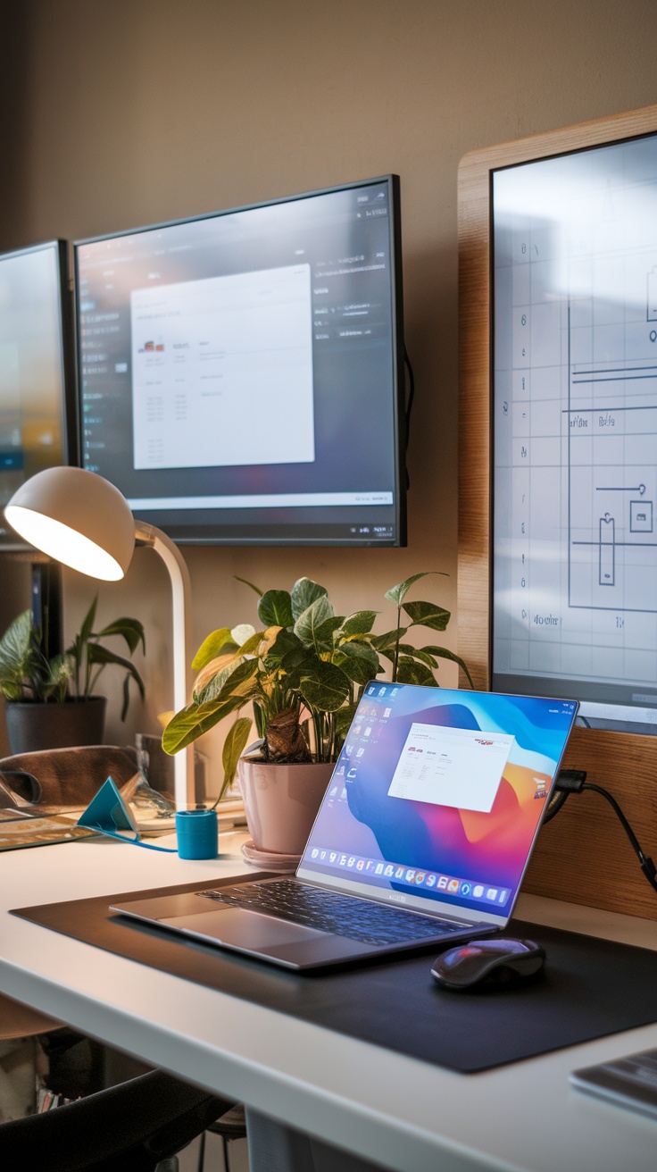 A modern workspace with a laptop and multiple screens displaying collaborative tools.