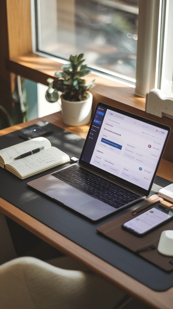 A cozy workspace with a laptop, notebook, and smartphone, showcasing tools for starting an online business.