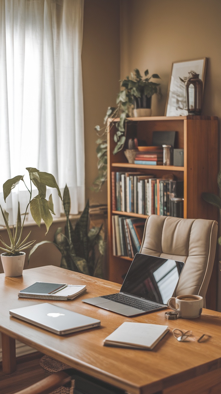 A cozy workspace with a laptop, notebooks, and plants, symbolizing creativity and productivity.