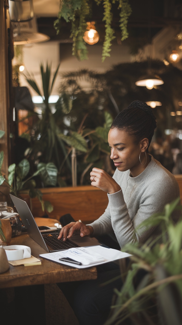 A focused person working on a laptop in a cozy café setting, surrounded by plants.