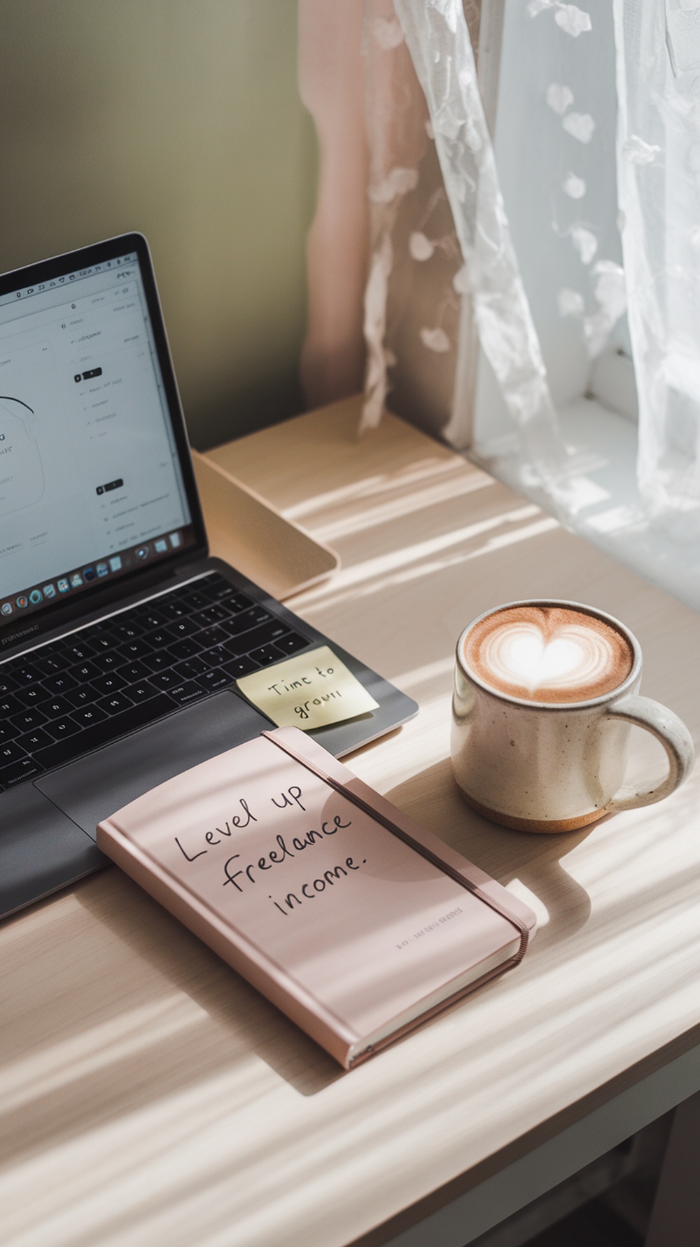 A laptop, a notebook titled 'Level up freelance income', and a cup of coffee on a desk by the window.