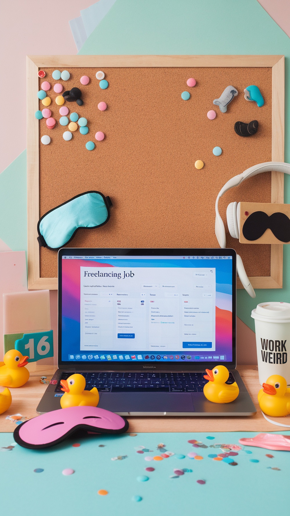 A colorful workspace featuring a laptop open to a freelancing job page, with playful decorations like rubber ducks and a coffee cup that says 'WORK WEIRD'.