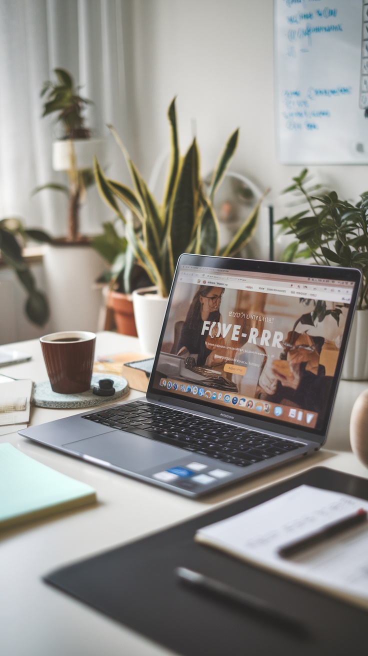 A cozy workspace with a laptop open to Fiverr, surrounded by plants and a cup of coffee.