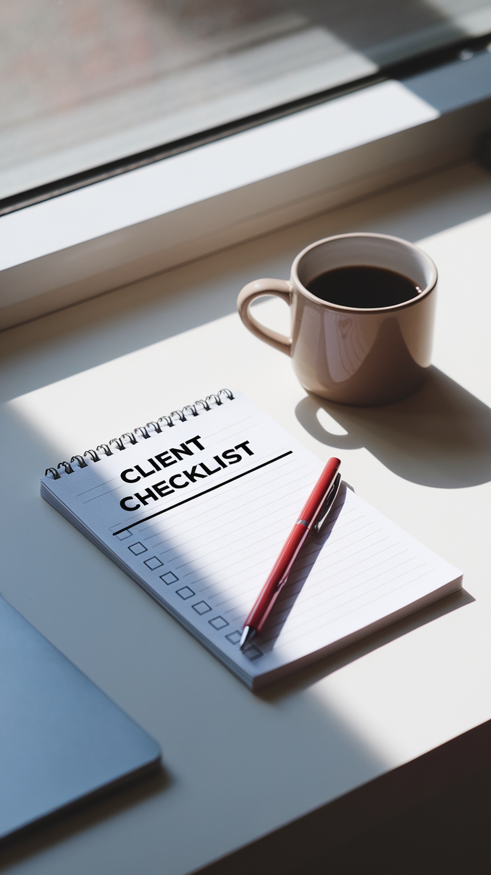 A client checklist notebook with a pen and a coffee cup on a table.
