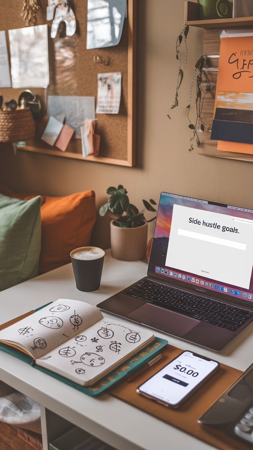 A cozy workspace featuring a laptop, notebook with sketches, and a cup of coffee, symbolizing the journey to building a side hustle.