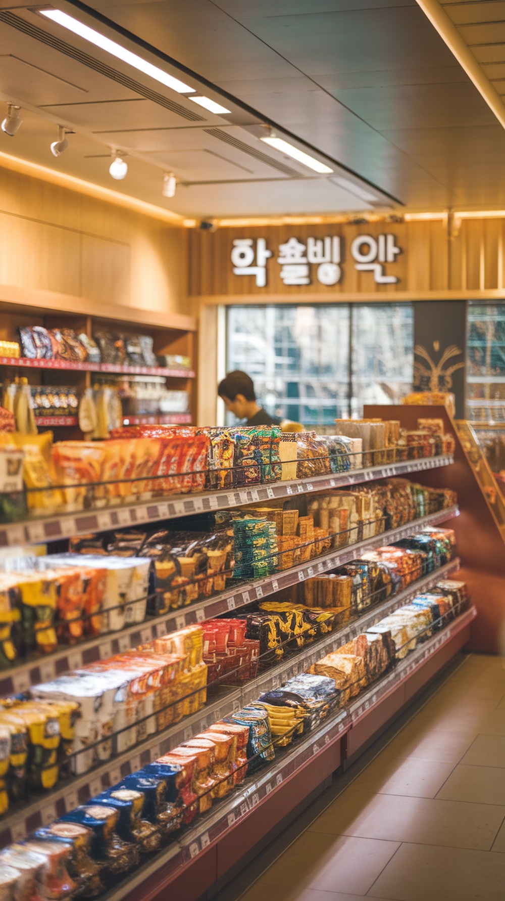 An inviting display of various Korean convenience store food items.