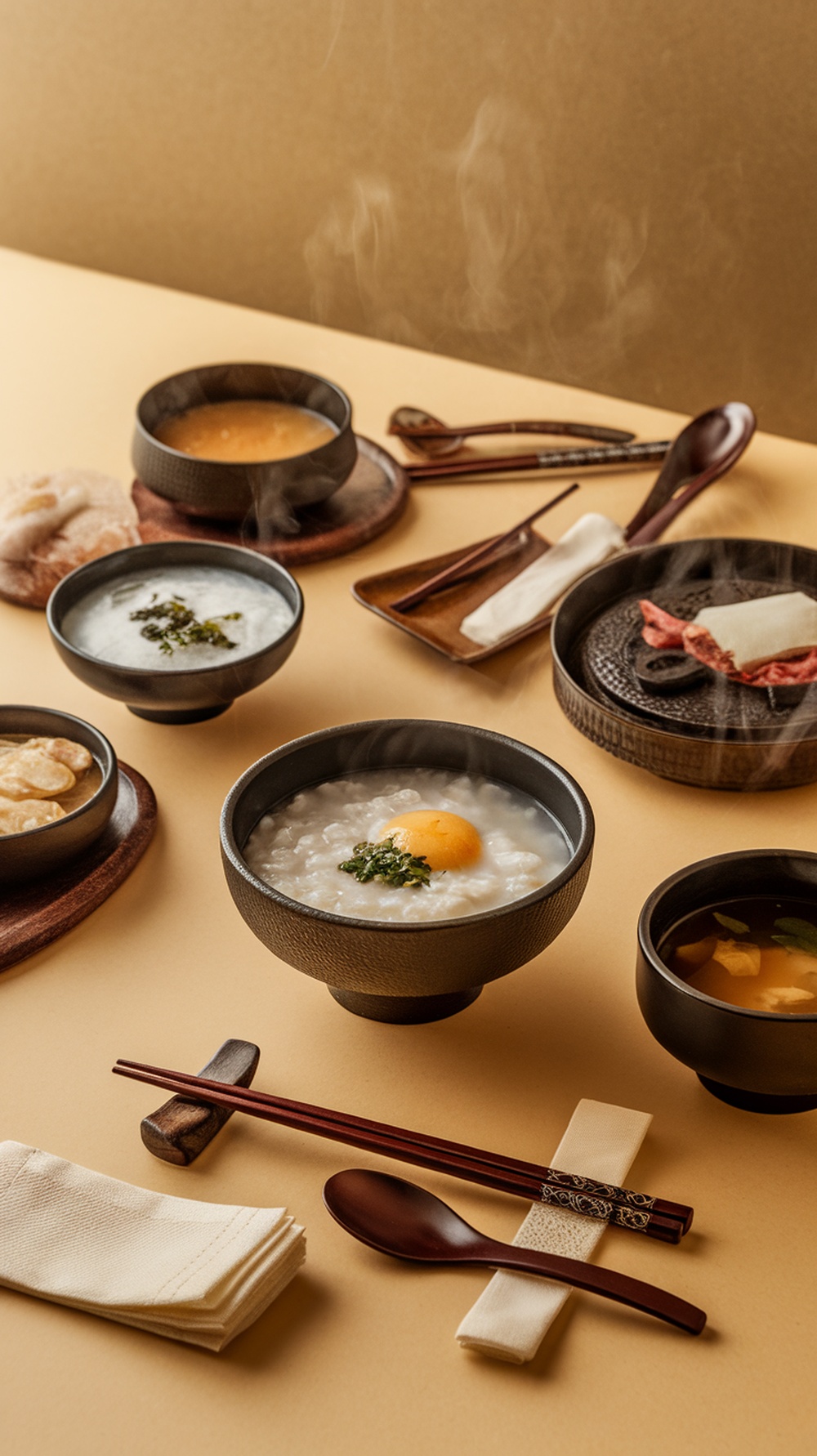 Korean comfort foods. A comforting bowl of Korean rice porridge, garnished with fresh ingredients.