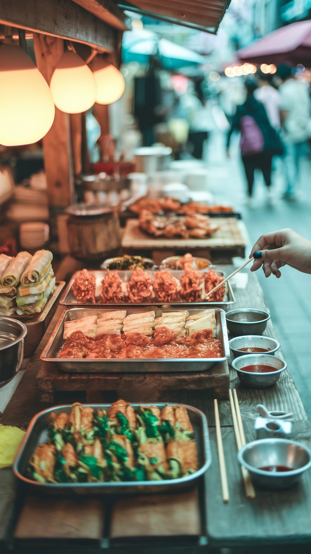 A selection of popular Korean street foods displayed on a table.