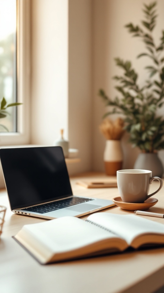 A laptop, a notebook, and a cup of coffee on a desk by a window