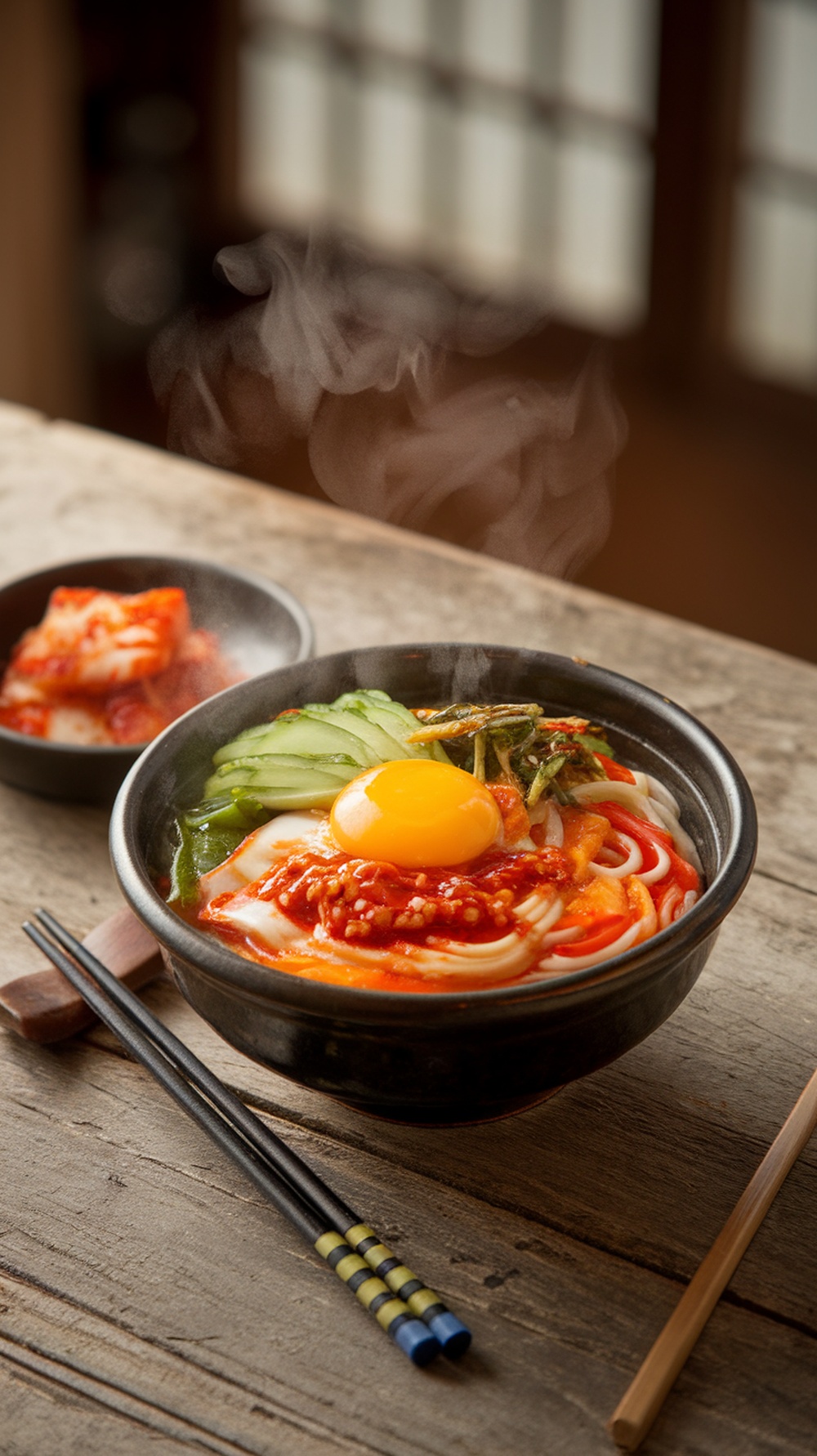 A bowl of Korean ramyeon topped with an egg yolk and vegetables, with a side of kimchi.