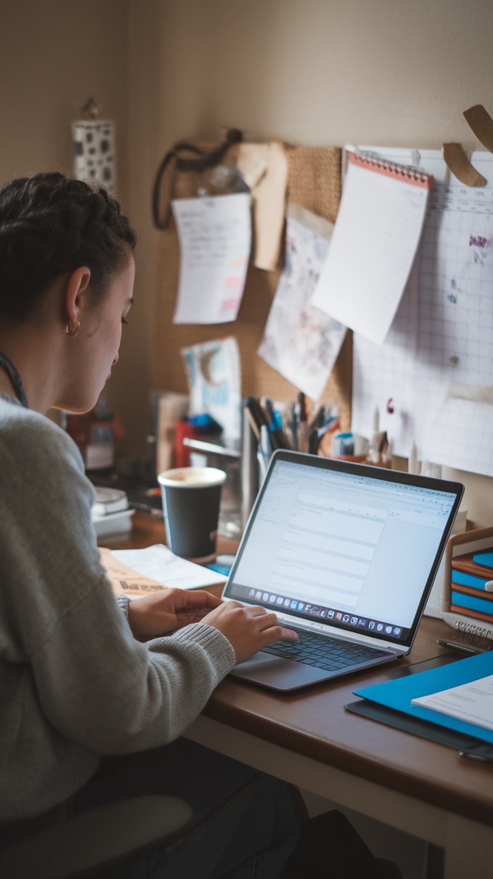 A person working on a laptop at a desk with notes and a coffee cup.