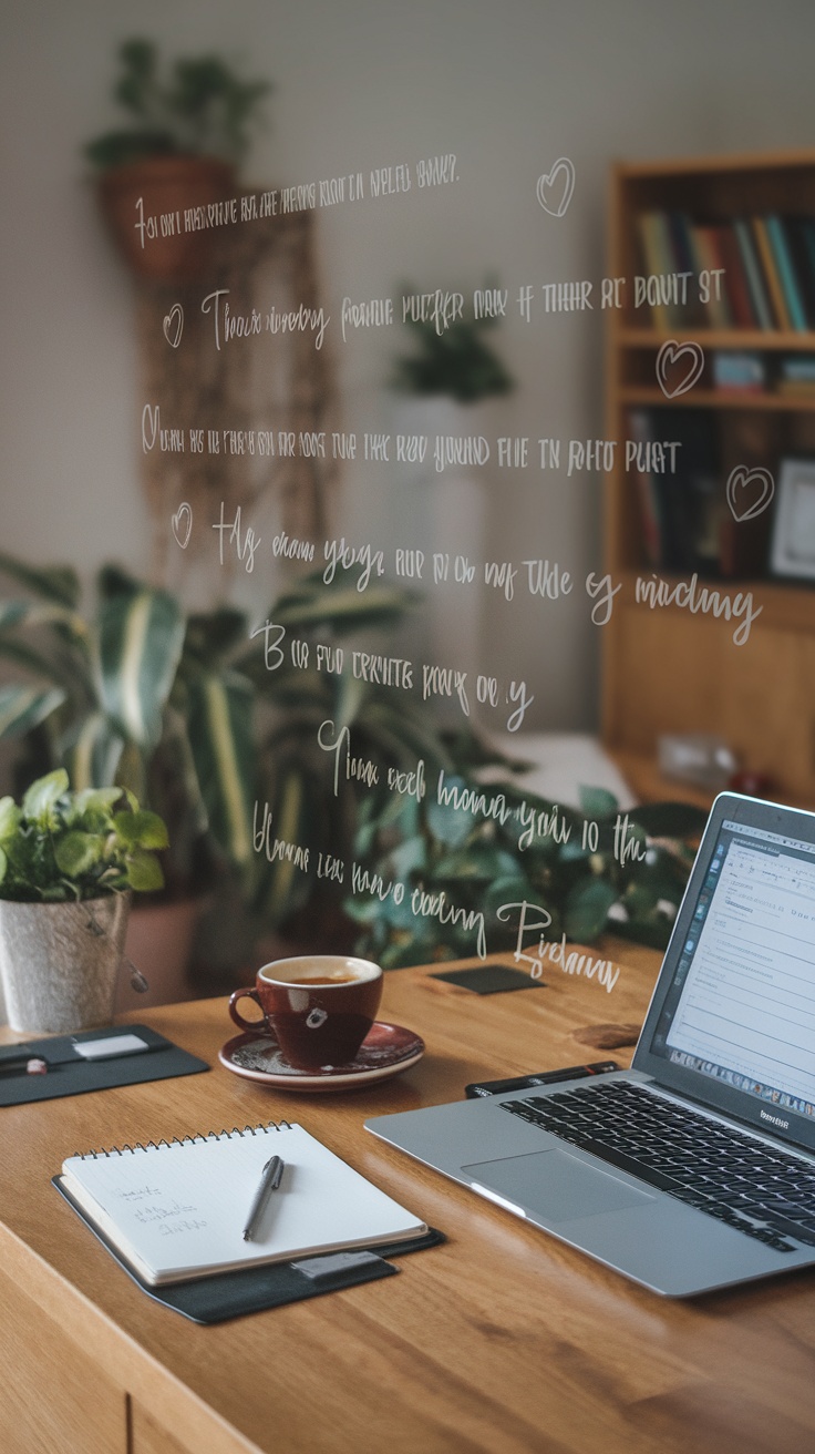 A cozy workspace with handwritten notes on glass, plants, a notebook, and a laptop.