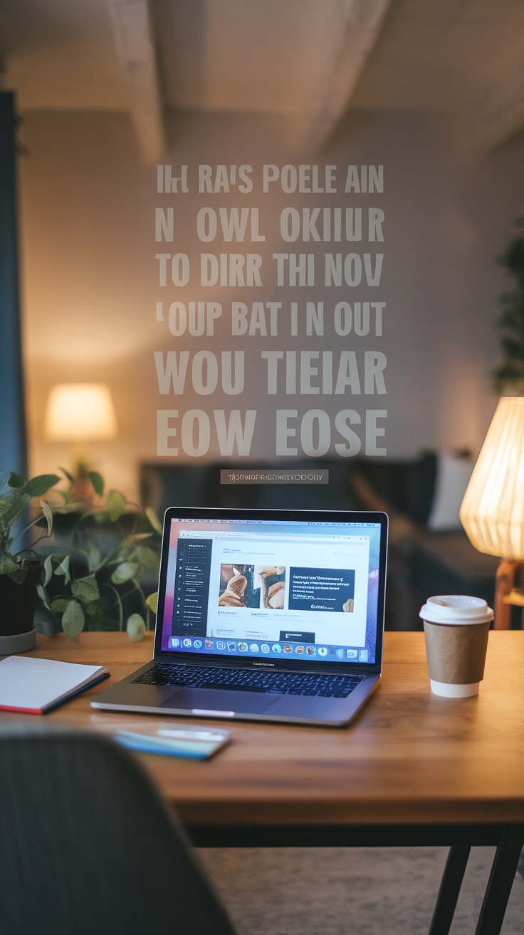 A cozy workspace featuring a laptop, coffee cup, and plant, symbolizing freelancing.