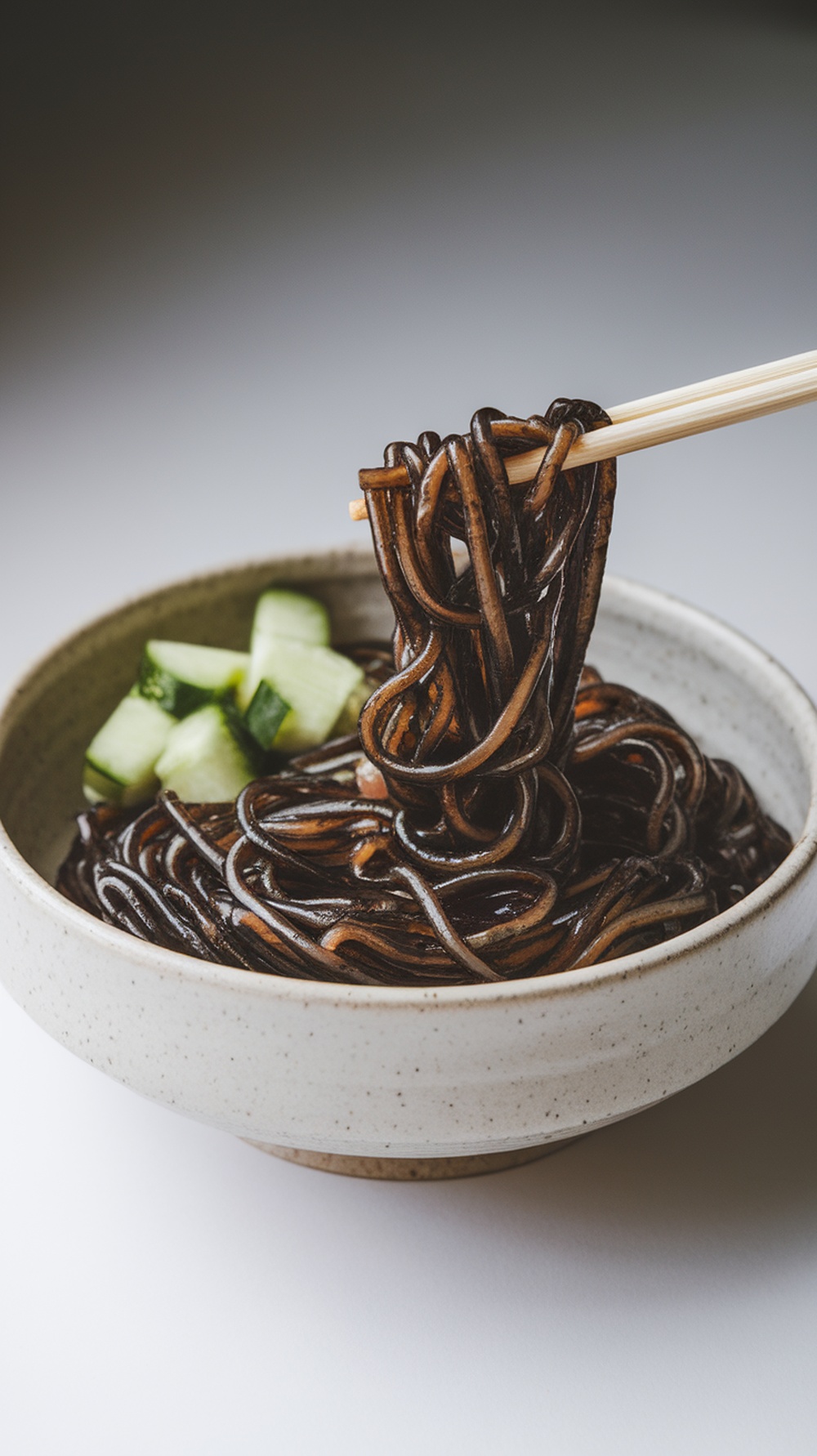 A bowl of Jajangmyeon with black bean noodles and cucumber.