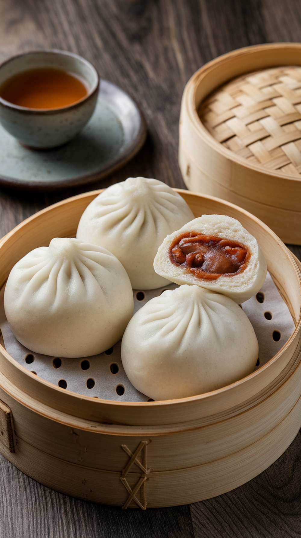 A basket of steaming red bean buns, soft and fluffy, served with tea.