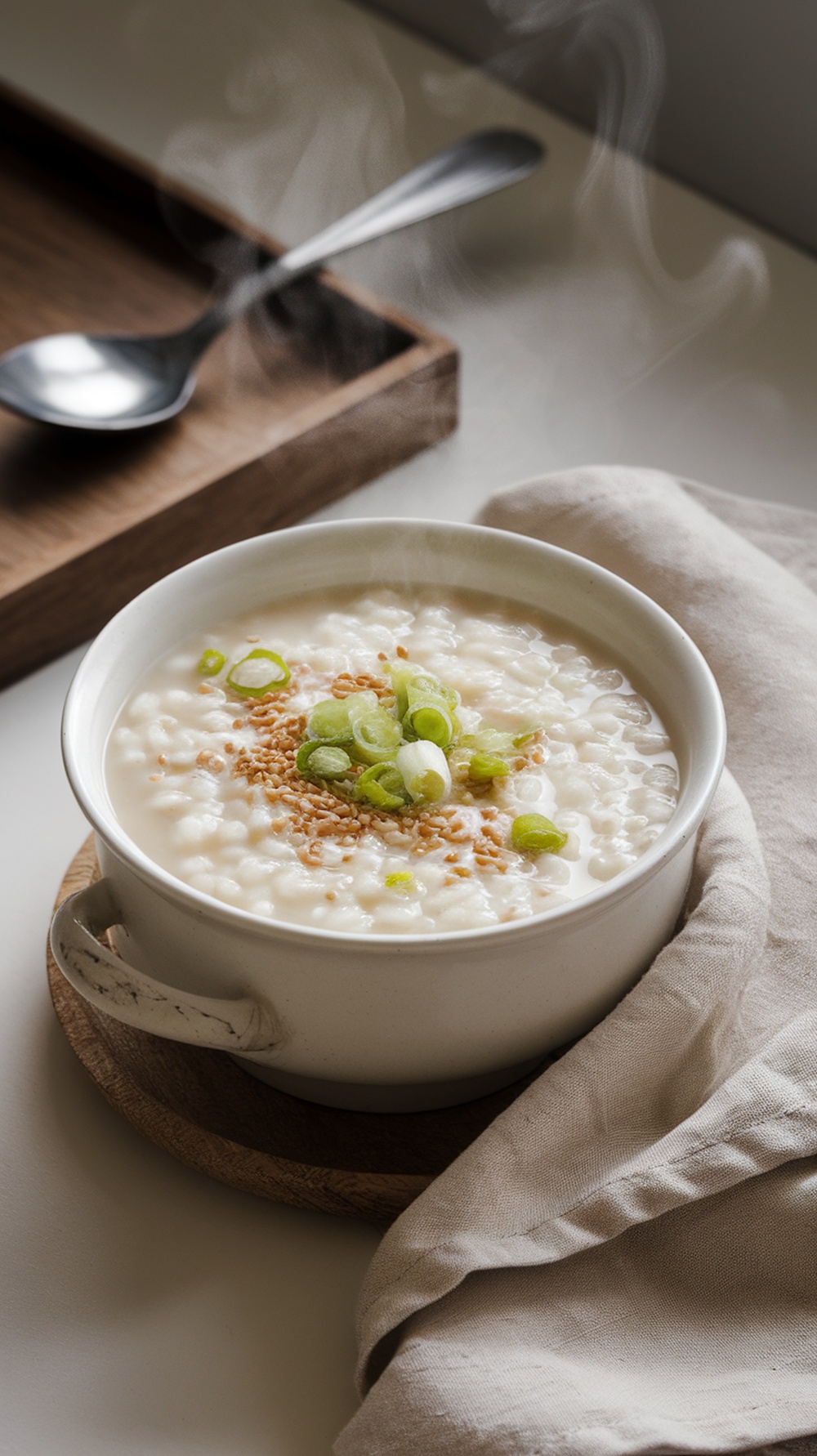 A bowl of Korean rice porridge garnished with green onions and sesame seeds.