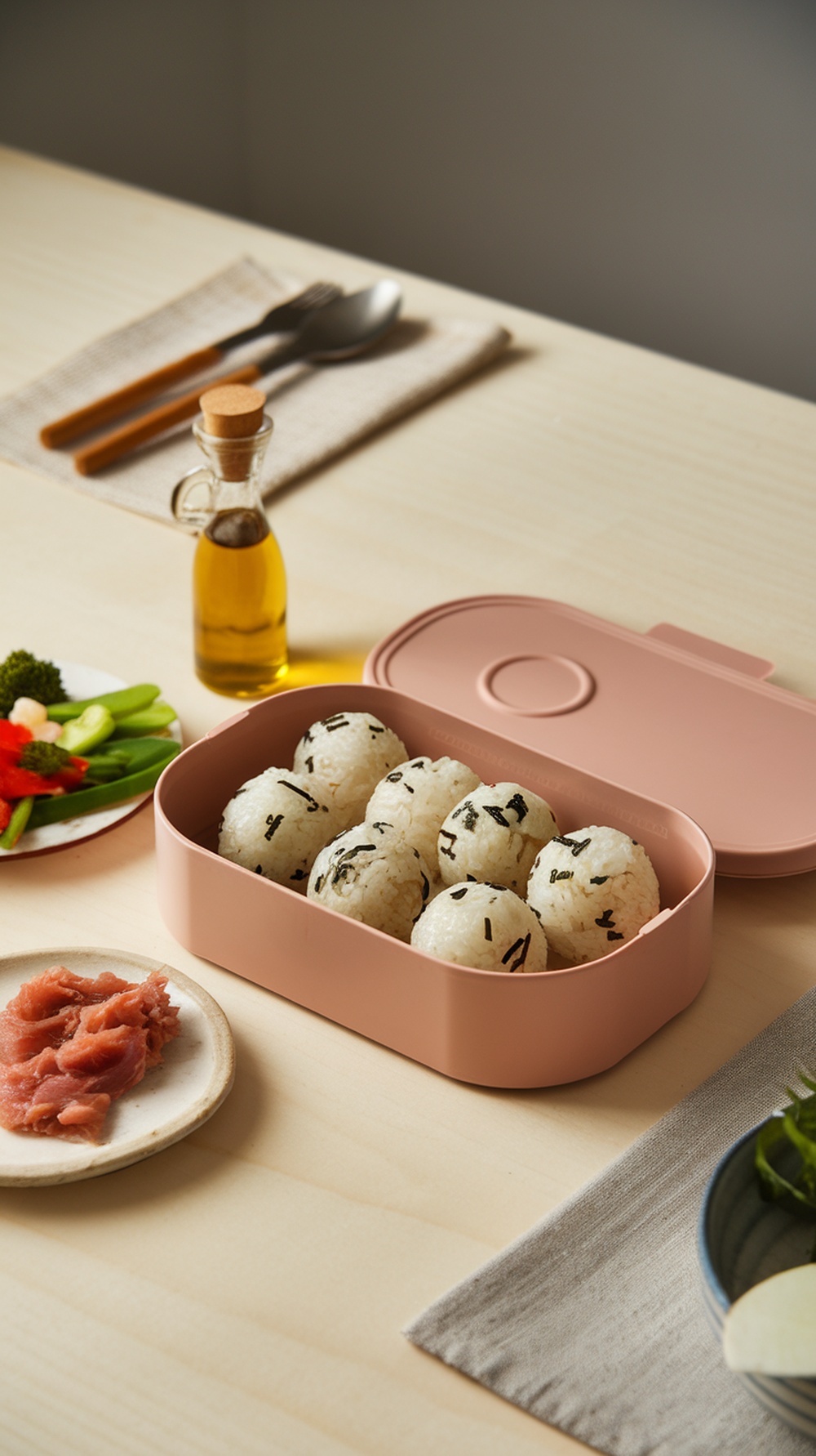 Korean rice balls served in a lunch box with vegetables and seasonings.