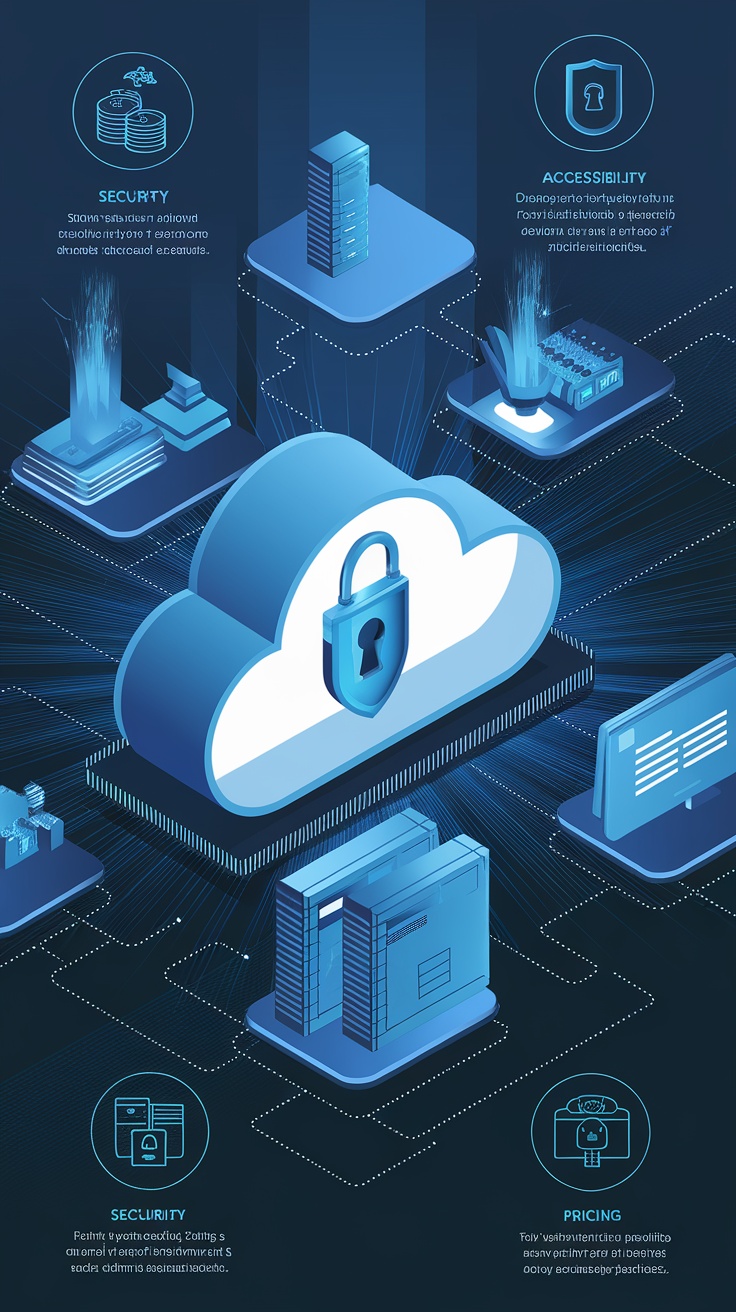 An infographic depicting key features to look for in cloud storage services, including security, accessibility, and pricing.