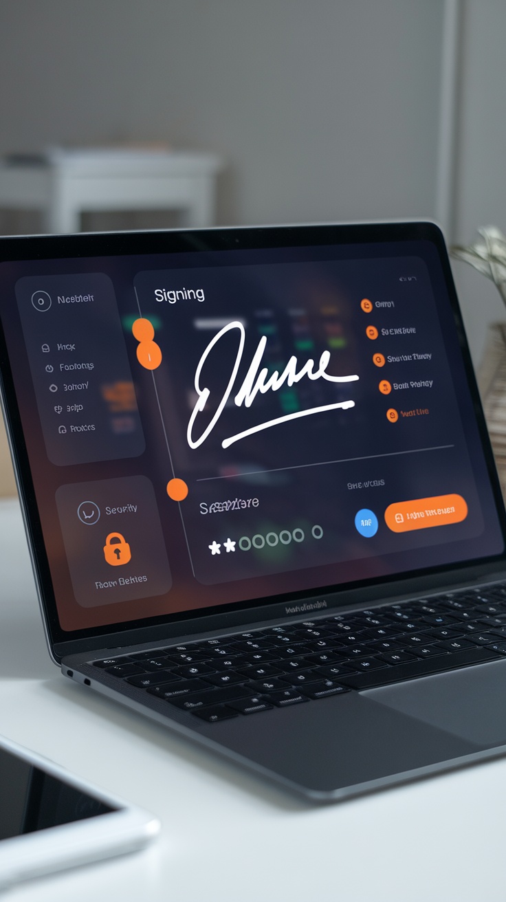 Screenshot of a document signing tool interface on a laptop, featuring a digital signature and security options.