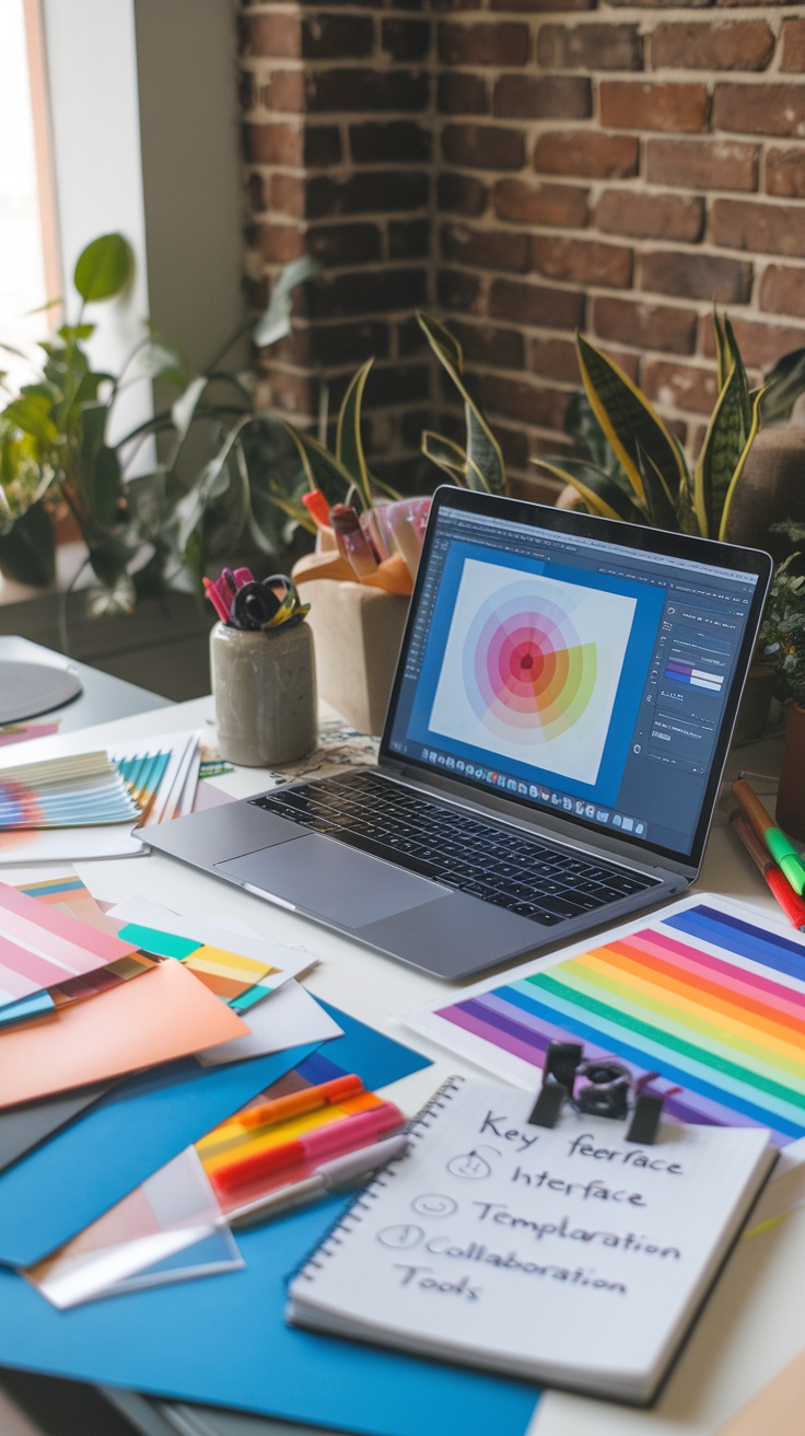 A colorful workspace with design materials and a laptop displaying a graphic design project.