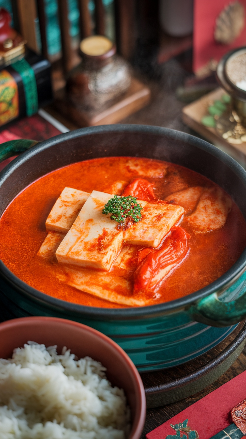 A bowl of Korean spicy kimchi stew with tofu, served with rice