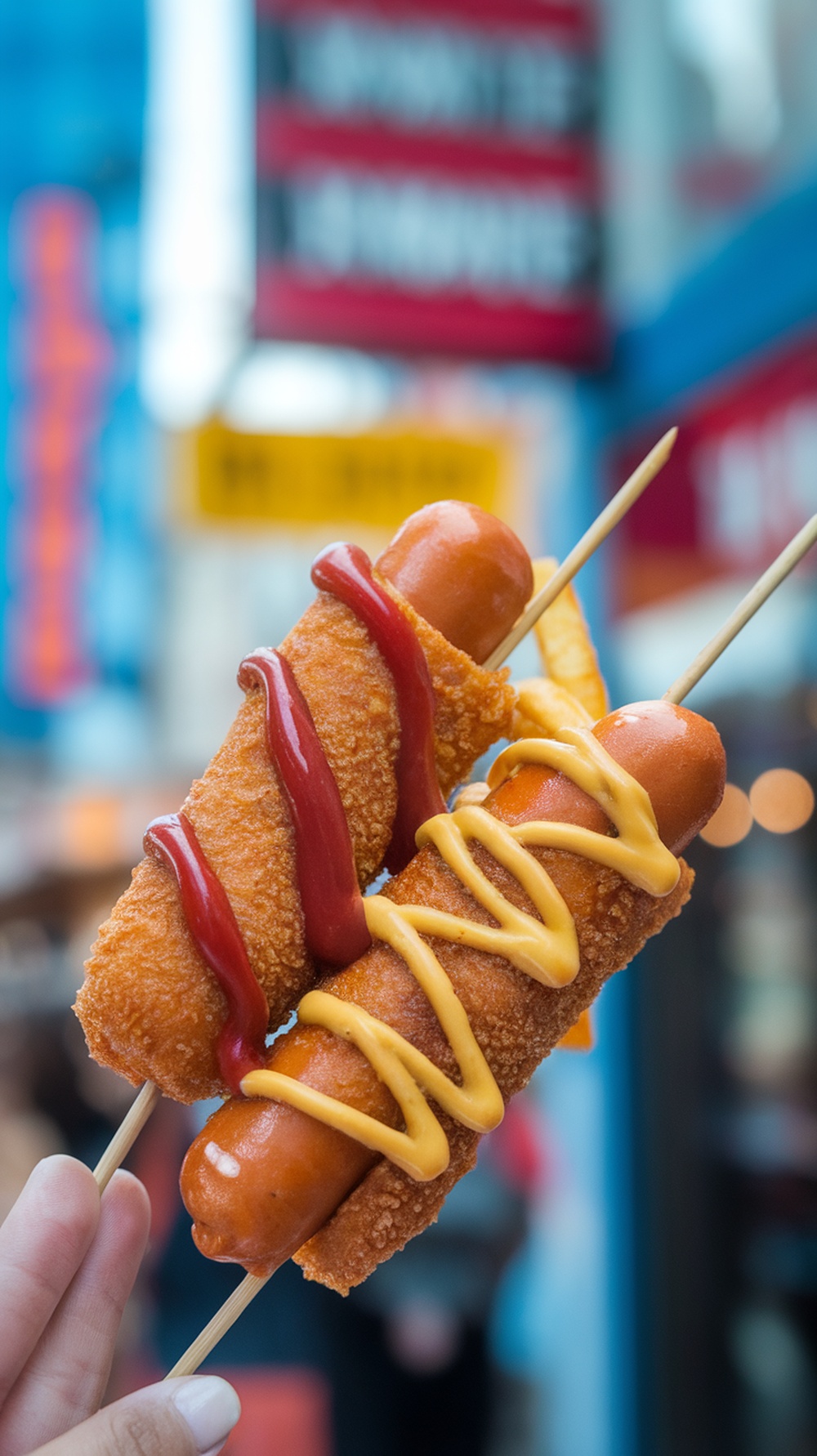 A pair of Korean corn dogs with ketchup and mustard drizzled on top, served on skewers.