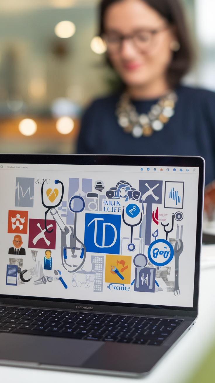 A laptop displaying various professional icons and logos related to language translation and specialized fields, with a person in the background.