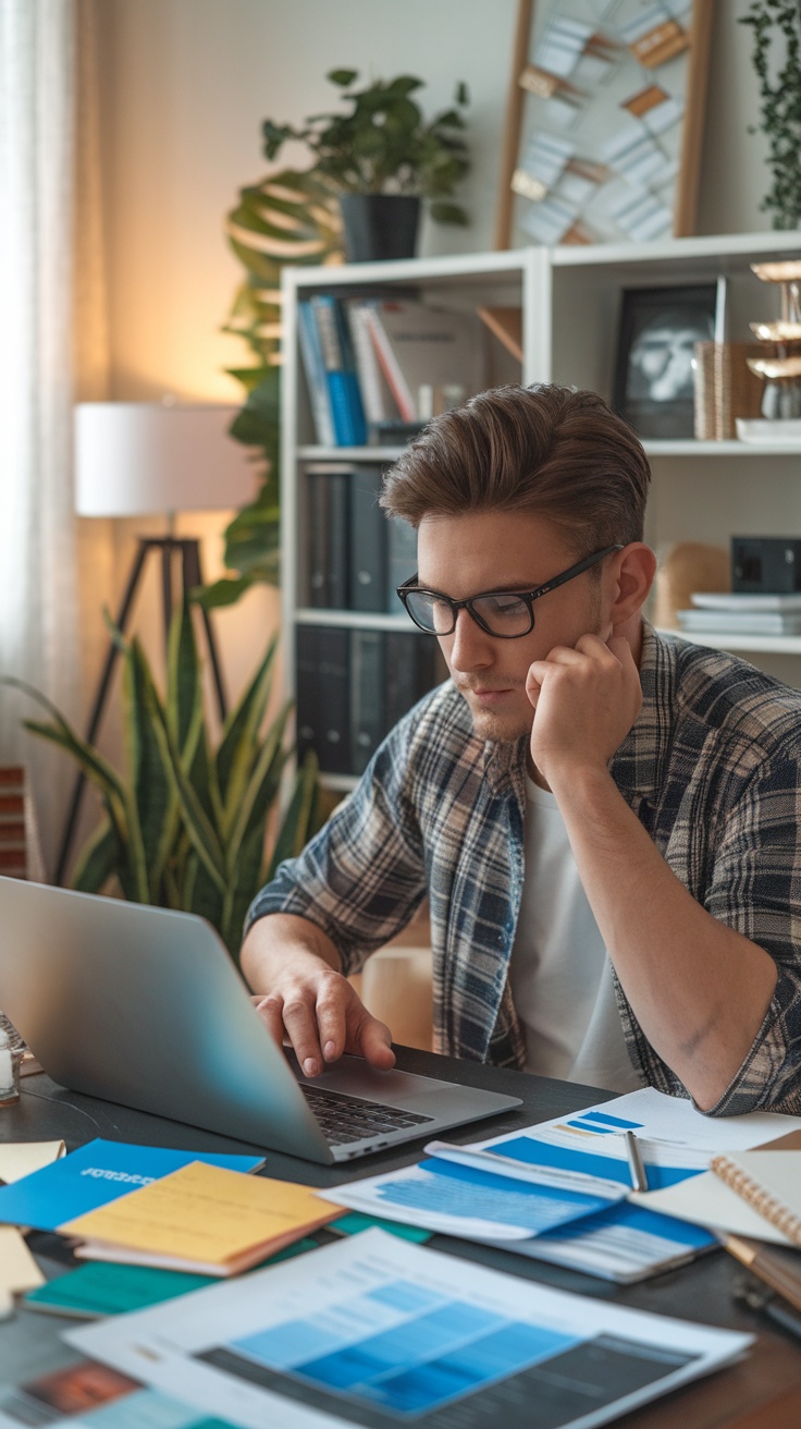 A focused individual working at a desk filled with papers and a laptop, representing the role of a lead generation specialist.