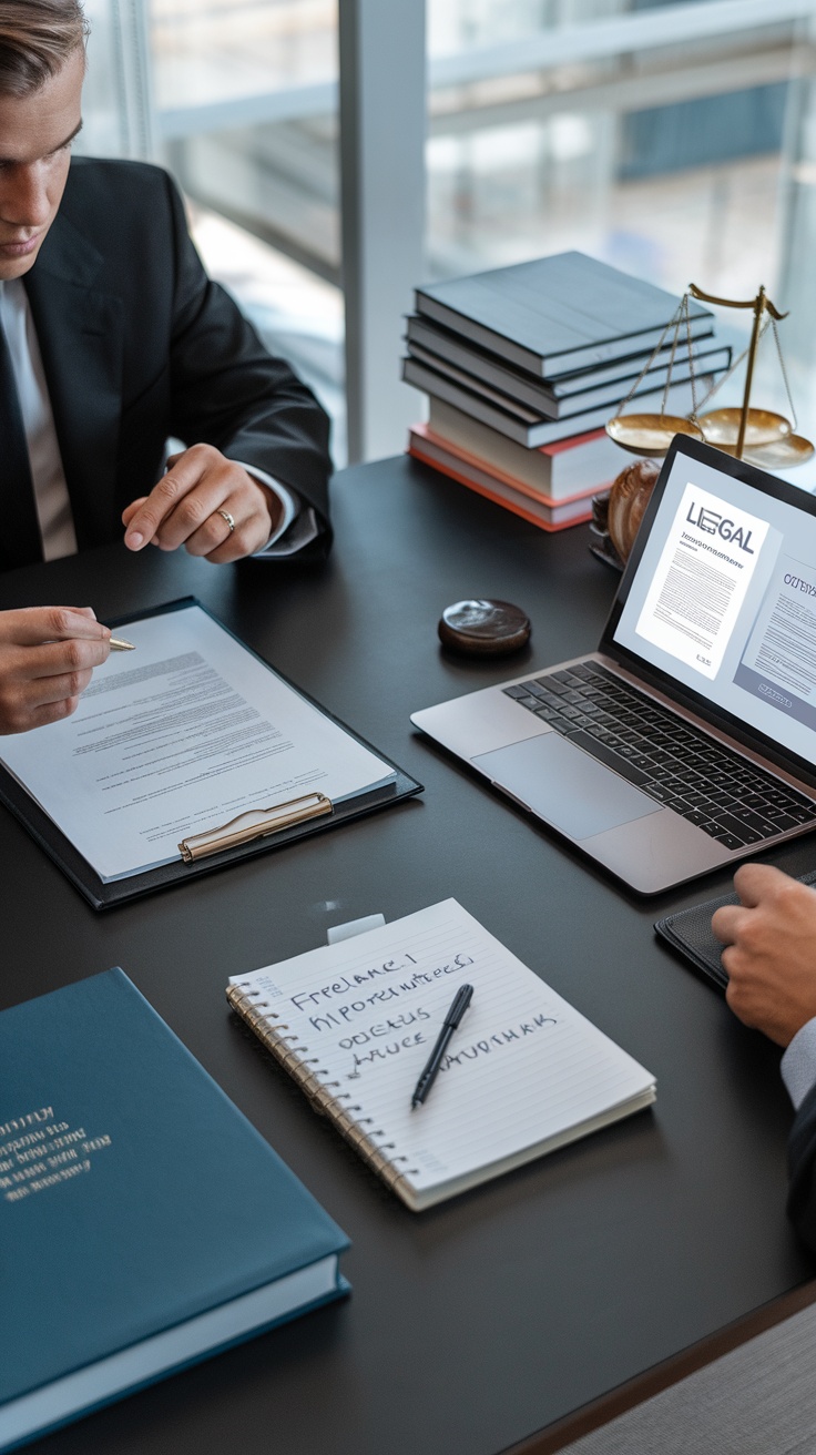 Two professionals discussing legal documents at a desk with a laptop and legal books.