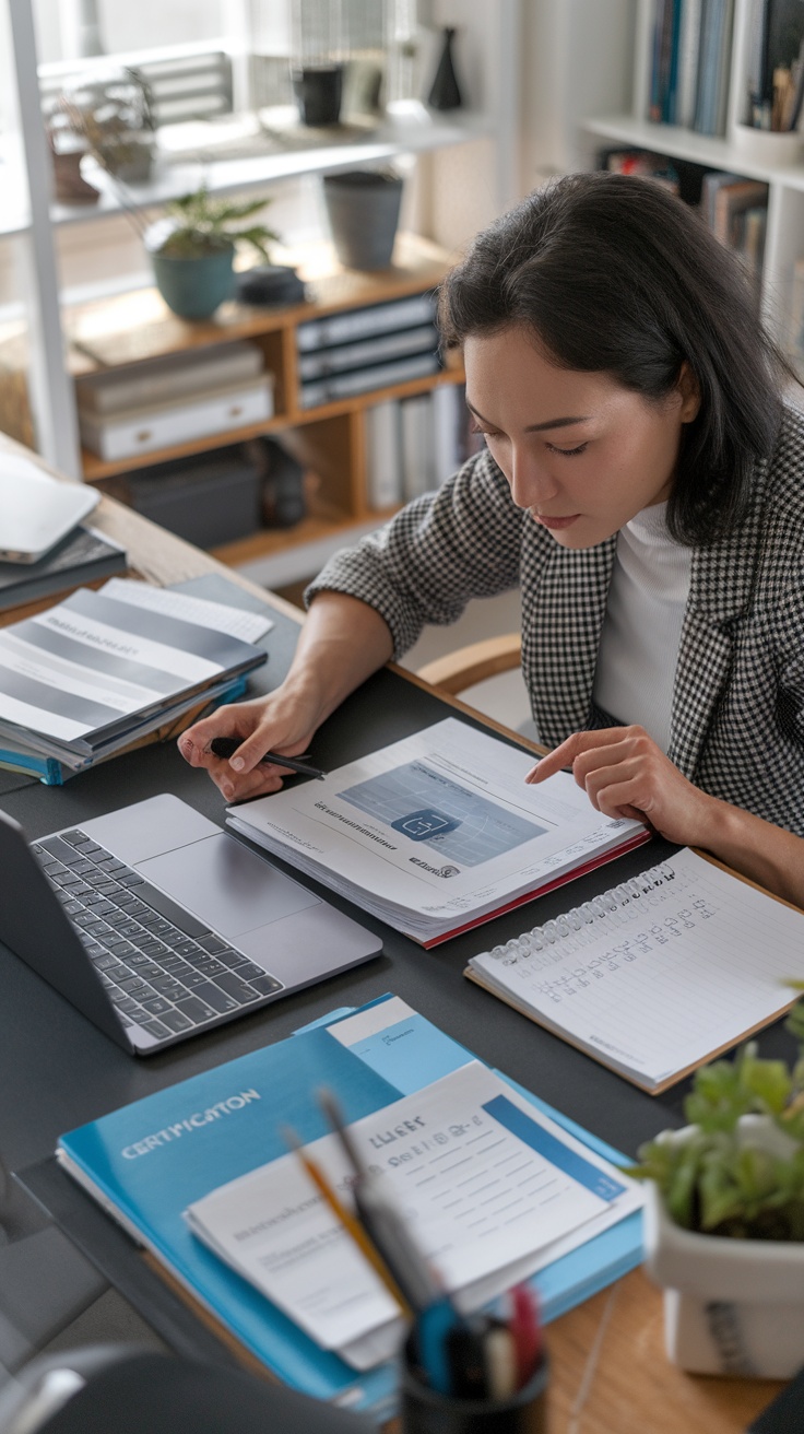 A focused individual studying and preparing for certifications, surrounded by work materials.