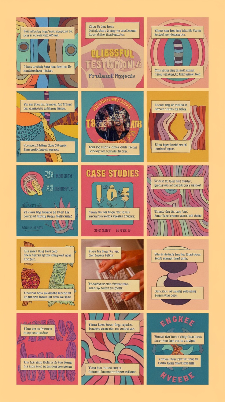 A colorful collage of client testimonials and case studies showcasing freelance projects.
