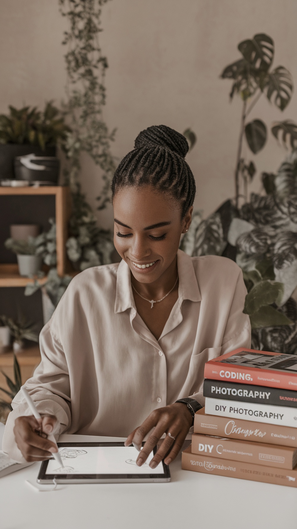 A person drawing on a tablet with books on coding and photography beside them, representing skills and interests for a side hustle.