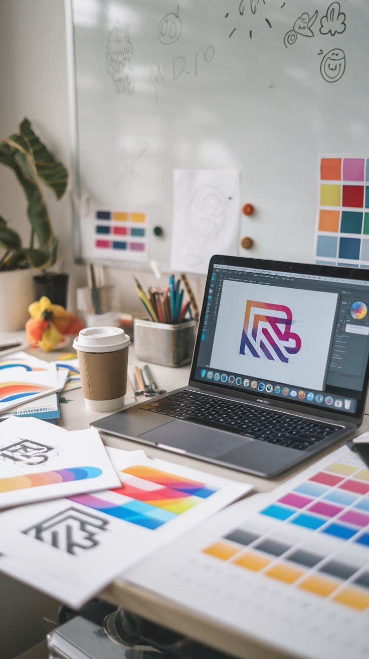 A creative workspace featuring a laptop with a colorful logo design, color swatches, sketches, and art supplies.