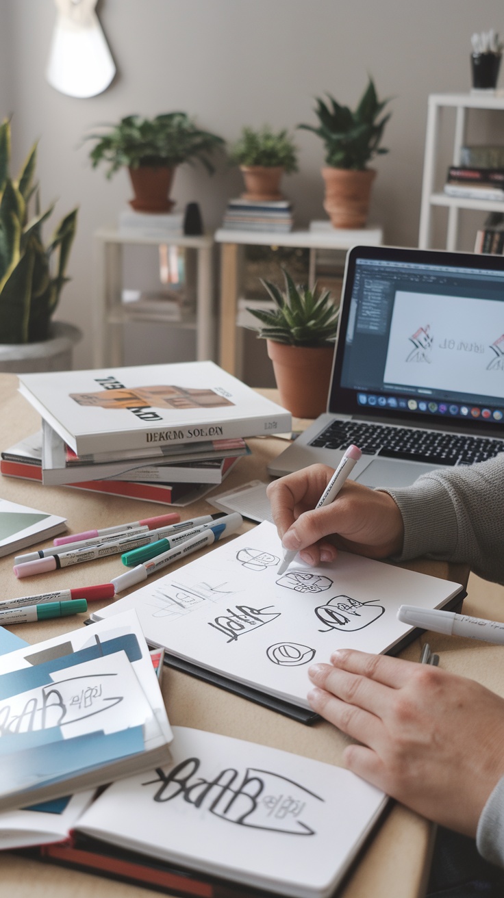 A creative workspace with sketches and a laptop displaying logo designs.