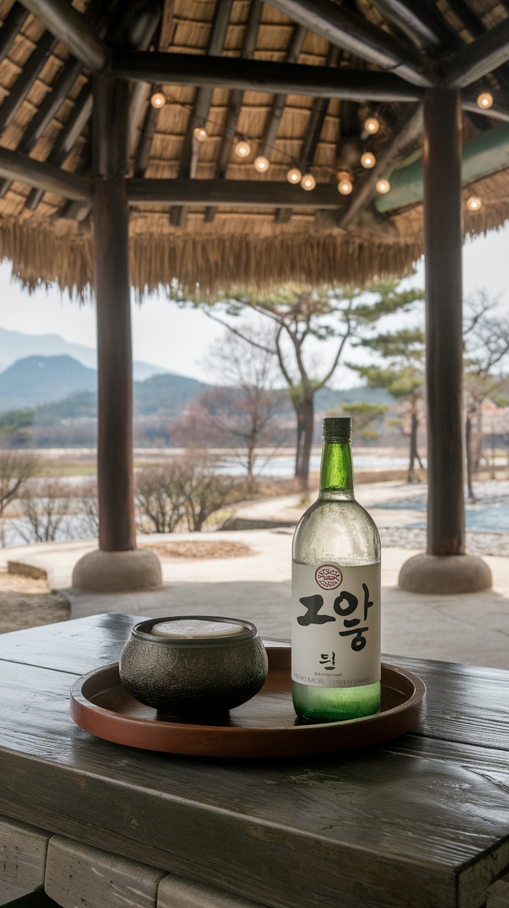 A bottle of soju with a traditional drinking bowl on a wooden table.