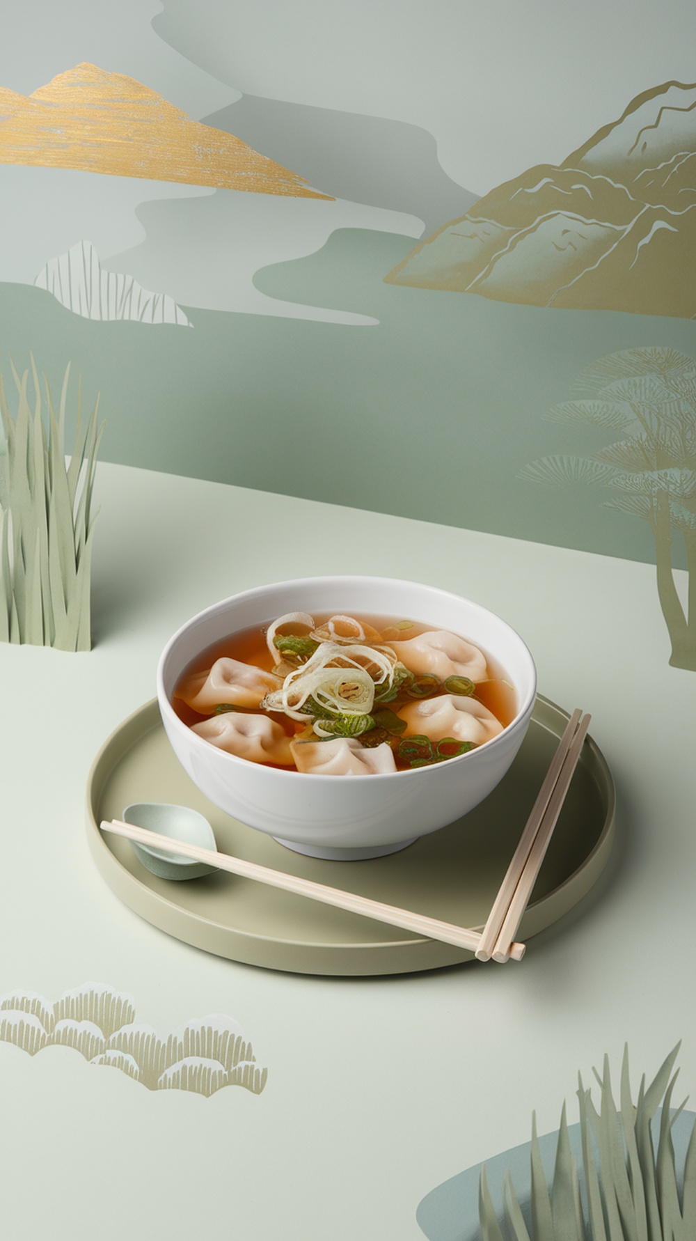 A bowl of Mandu-Guk with dumplings and green onions