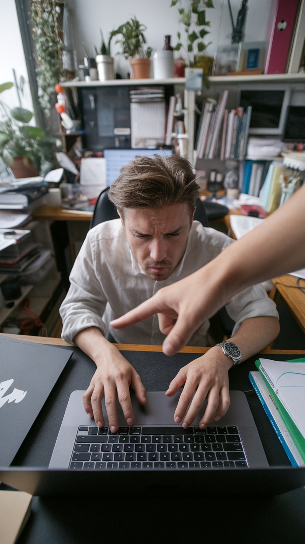 A freelancer looking stressed at his laptop while a hand points at him, indicating micromanagement.