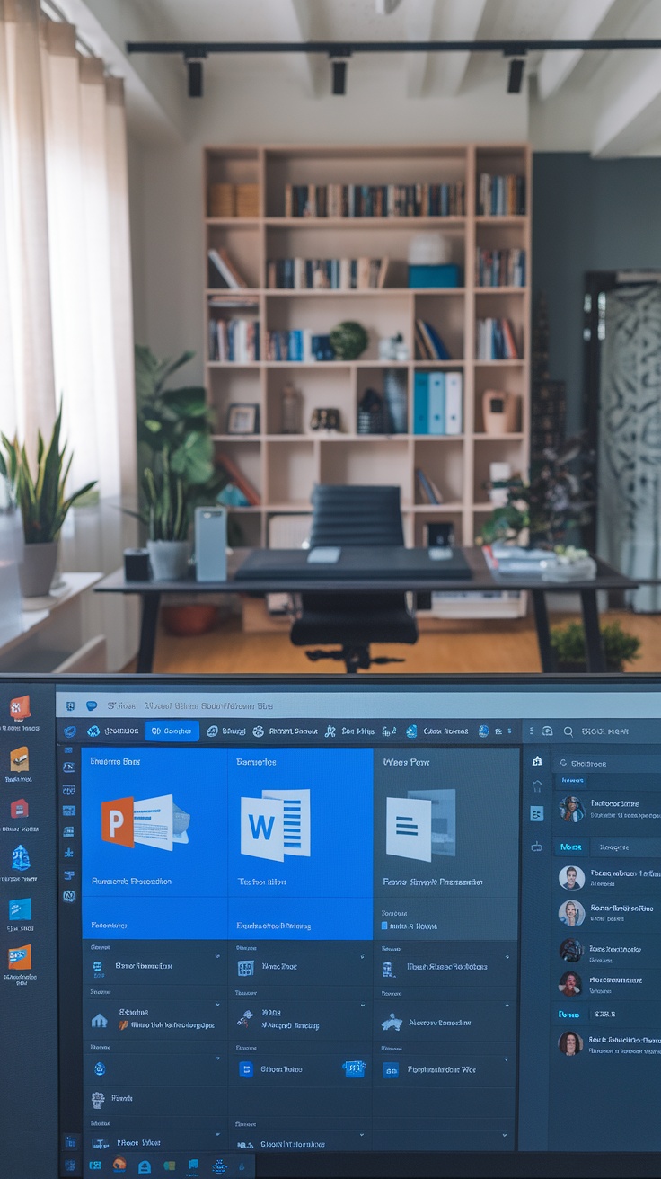 A cozy workspace with a desktop showing Microsoft OneDrive interface, featuring file sharing options and a clean, organized background.