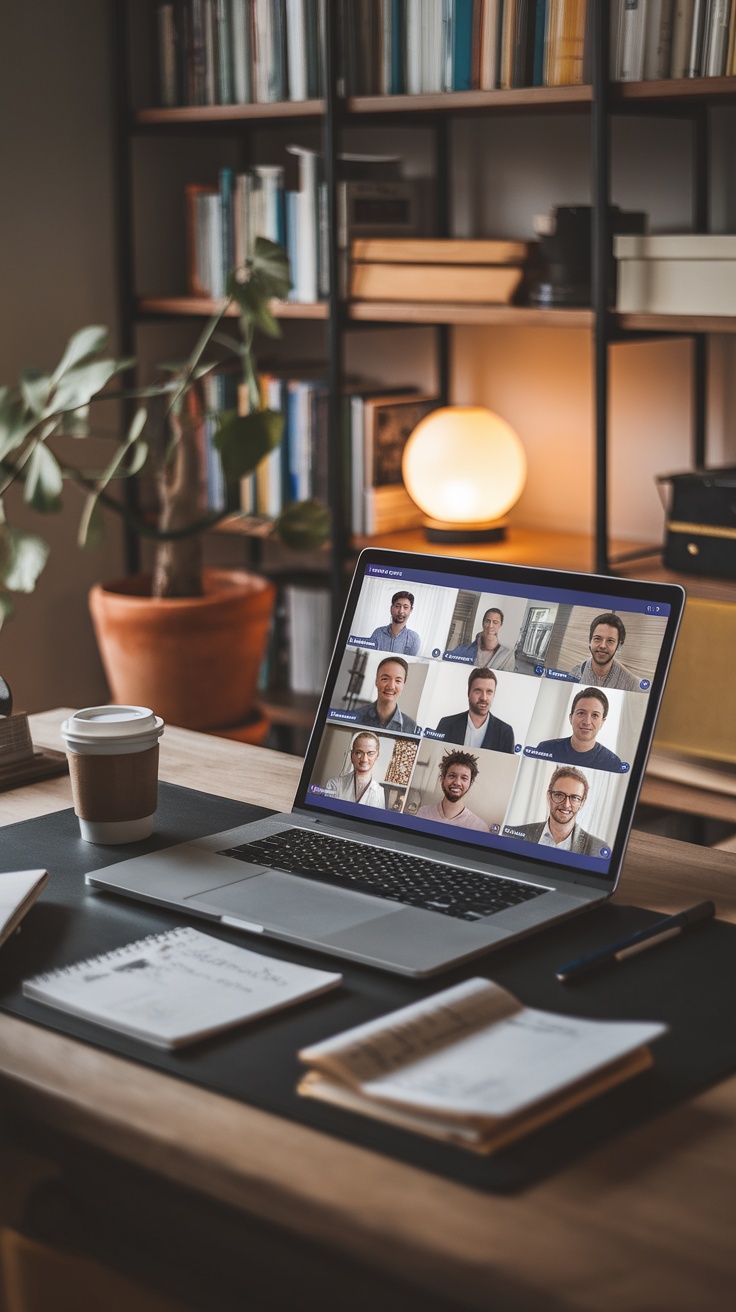 A laptop displaying a video call on Microsoft Teams, surrounded by notebooks and coffee