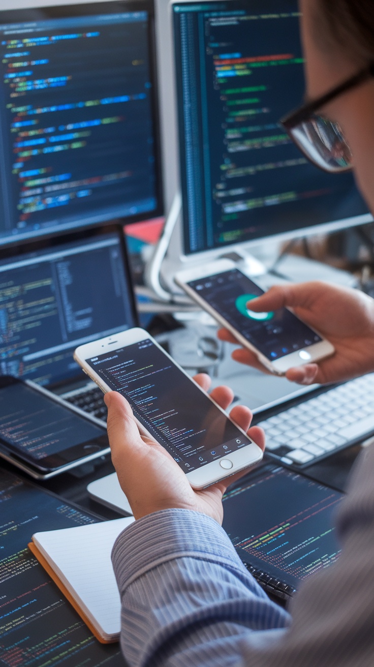 A person testing mobile apps using two smartphones and multiple computer screens displaying code.