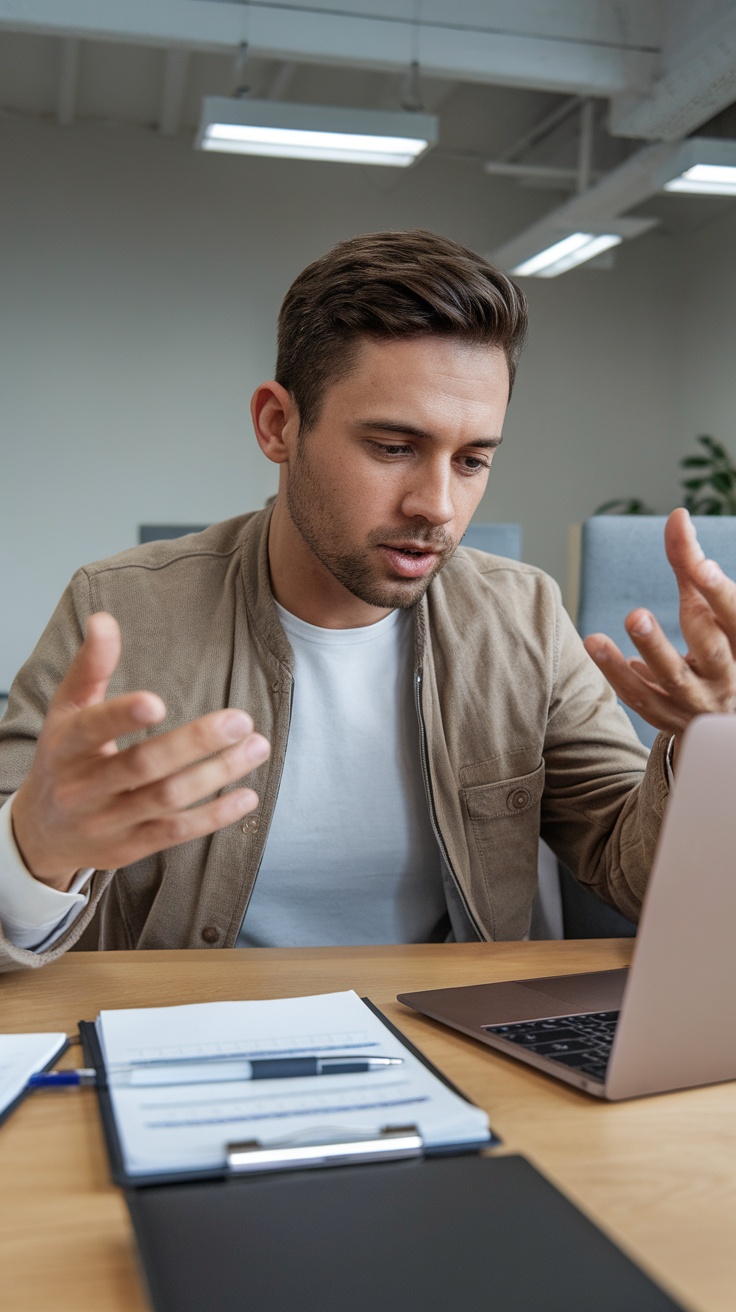 A young man engaged in a video call, expressing concern while discussing rates with a client.