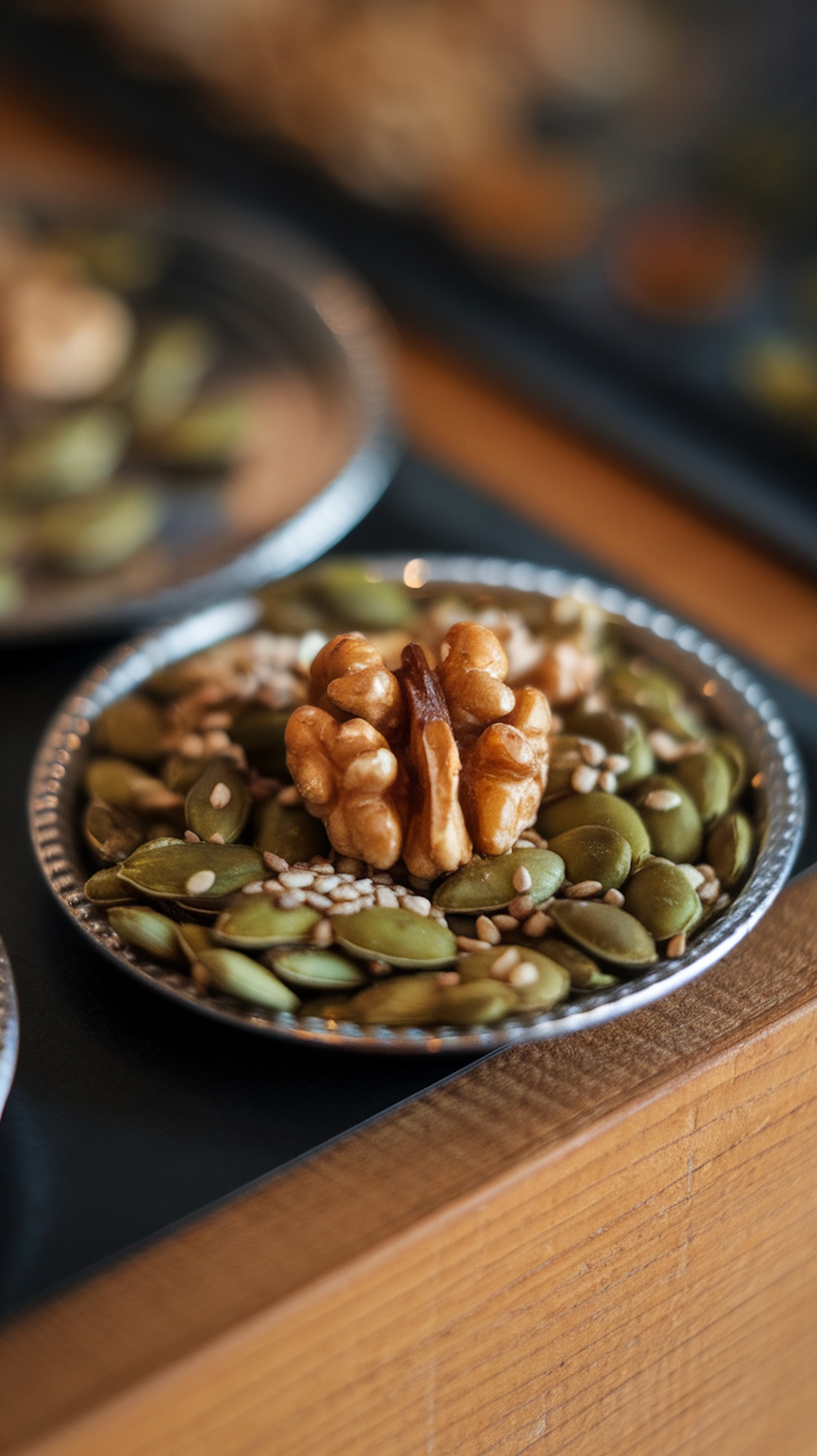 A variety of nuts and seeds arranged beautifully on a plate, showcasing their rich textures and colors.
