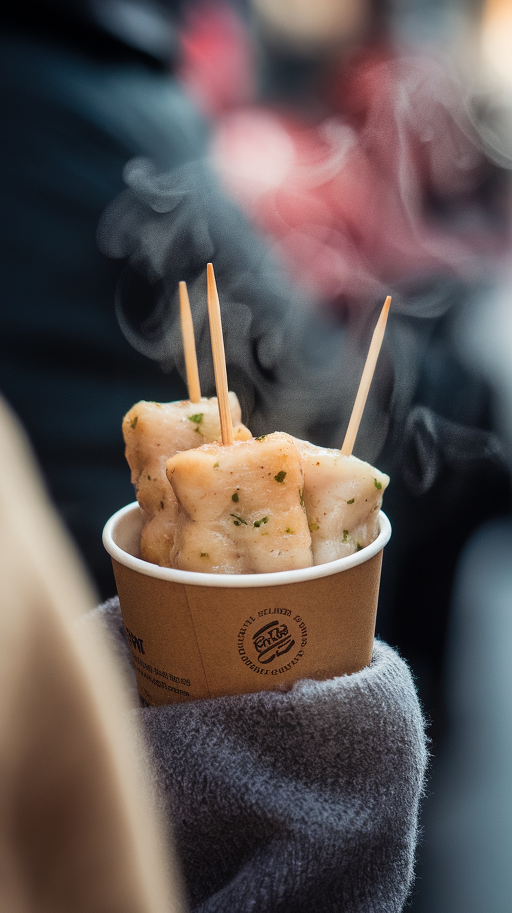 A cup of Korean fish cake skewers in broth, served warm.