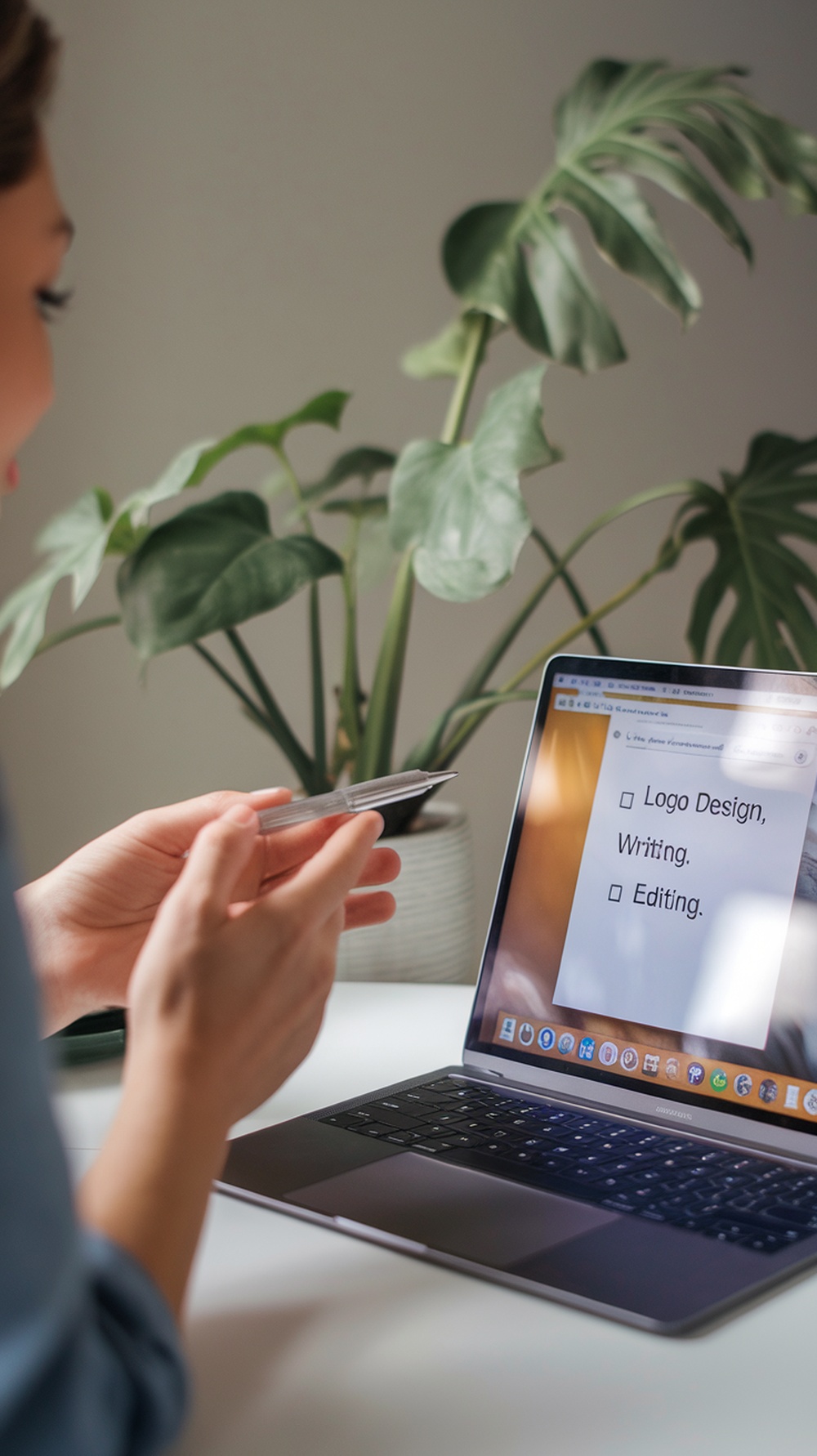 A person working on a laptop, taking notes while reviewing services like logo design, writing, and editing.