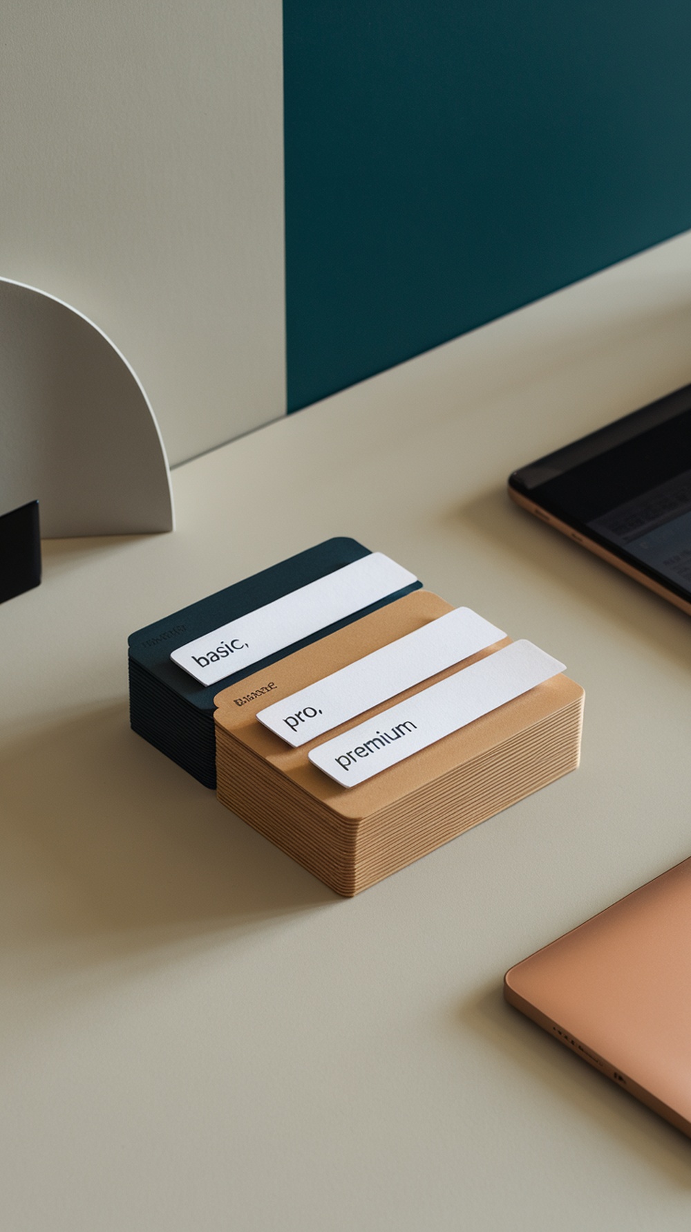 Colorful cards labeled basic, pro, and premium stacked together on a table.