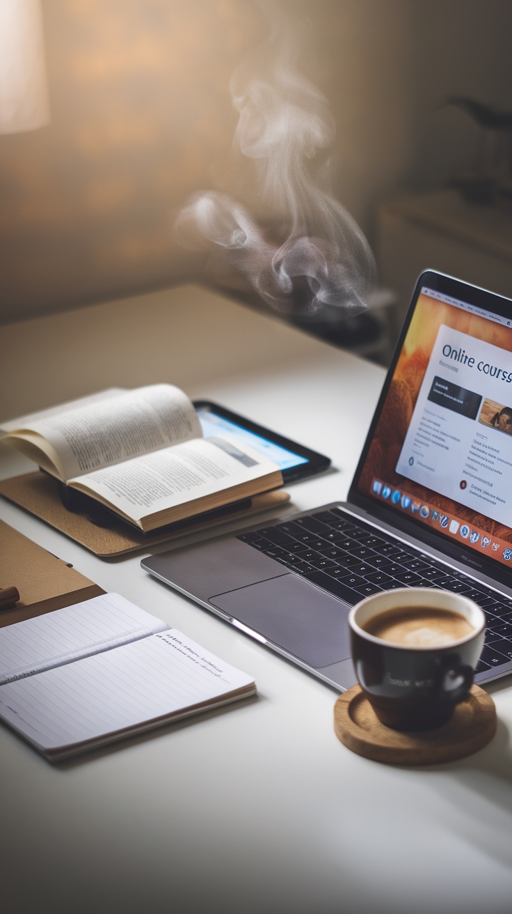 A cozy and organized workspace featuring a laptop with an online course displayed, an open book, a notebook, and a cup of coffee.