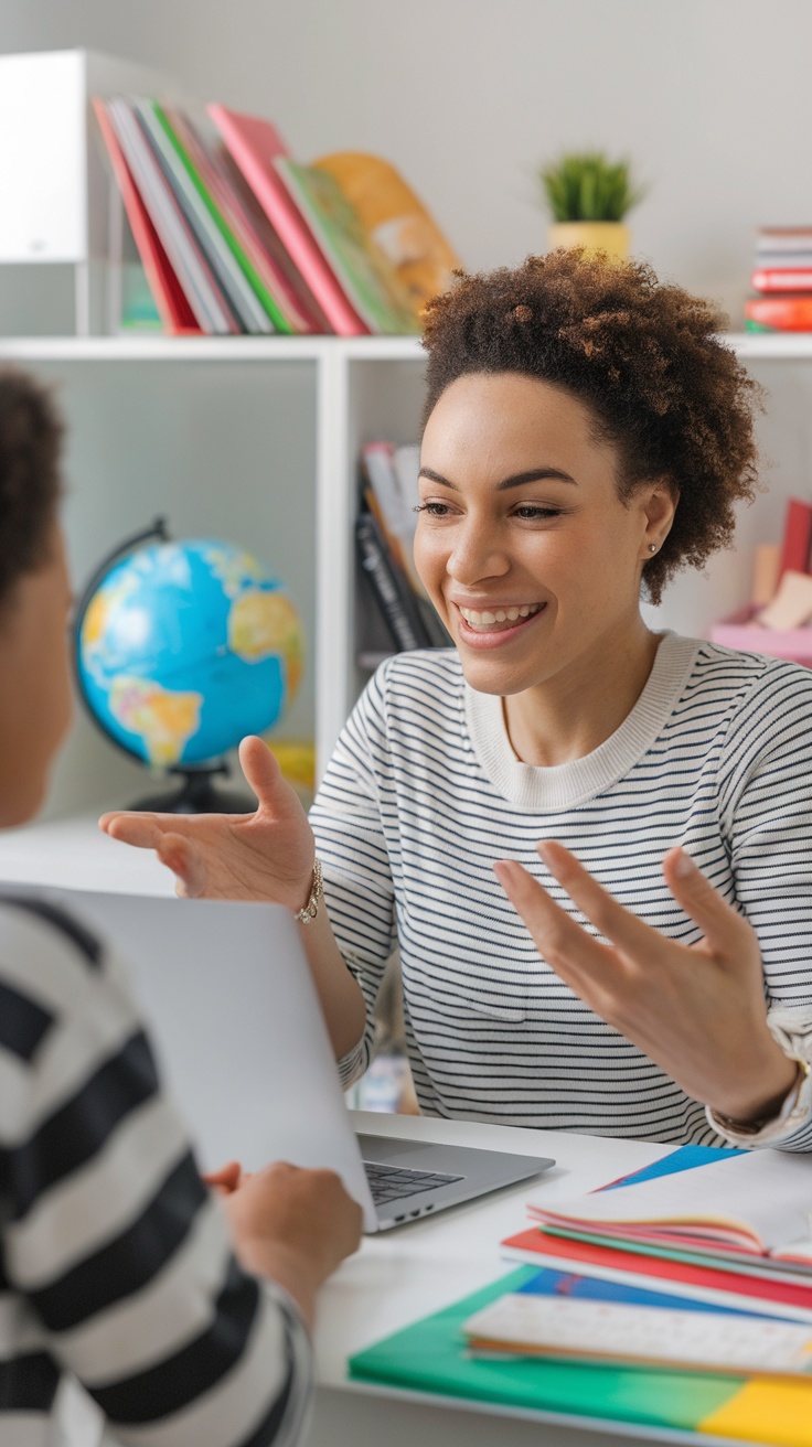 An online tutor interacting with a student, showing engagement and enthusiasm.