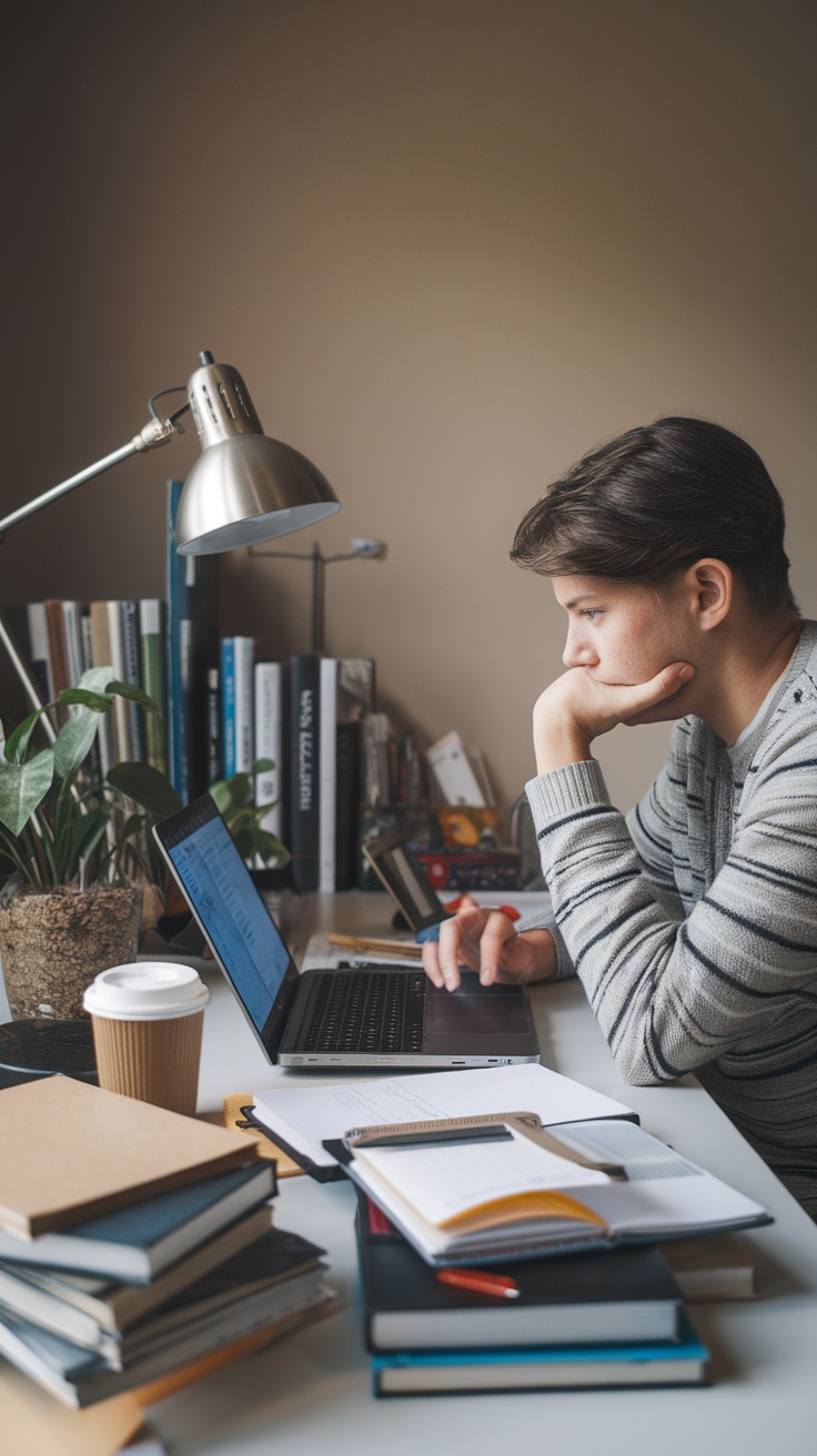 A focused individual conducting online research at a desk filled with books and notes.